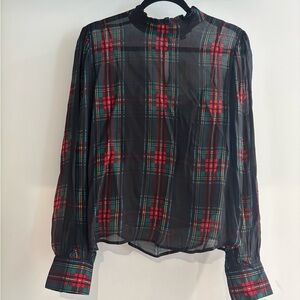 J. Crew Red and Black Plaid Sheer Blouse